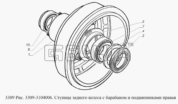 ГАЗ ГАЗ-3309 (Евро 2) Схема Ступица заднего колеса с барабаном и